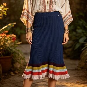 Harlyn Navy Ribbed Knit Skirt Size Large Striped Hem Flounce Midi Skirt